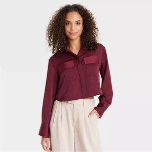 a new day Burgundy Satin Shirt Size XS